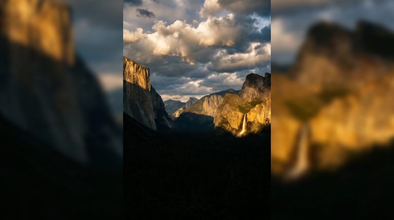 Yosemite Valley with El Capitan and Half Dome in golden evening light