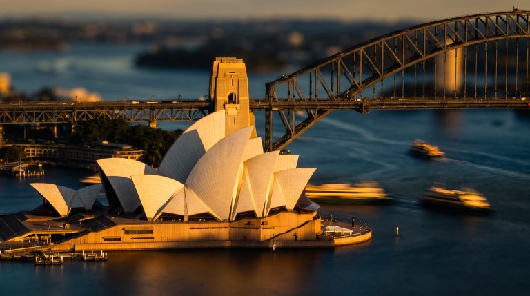 Sydney Opera House and Harbour Bridge at golden hour
