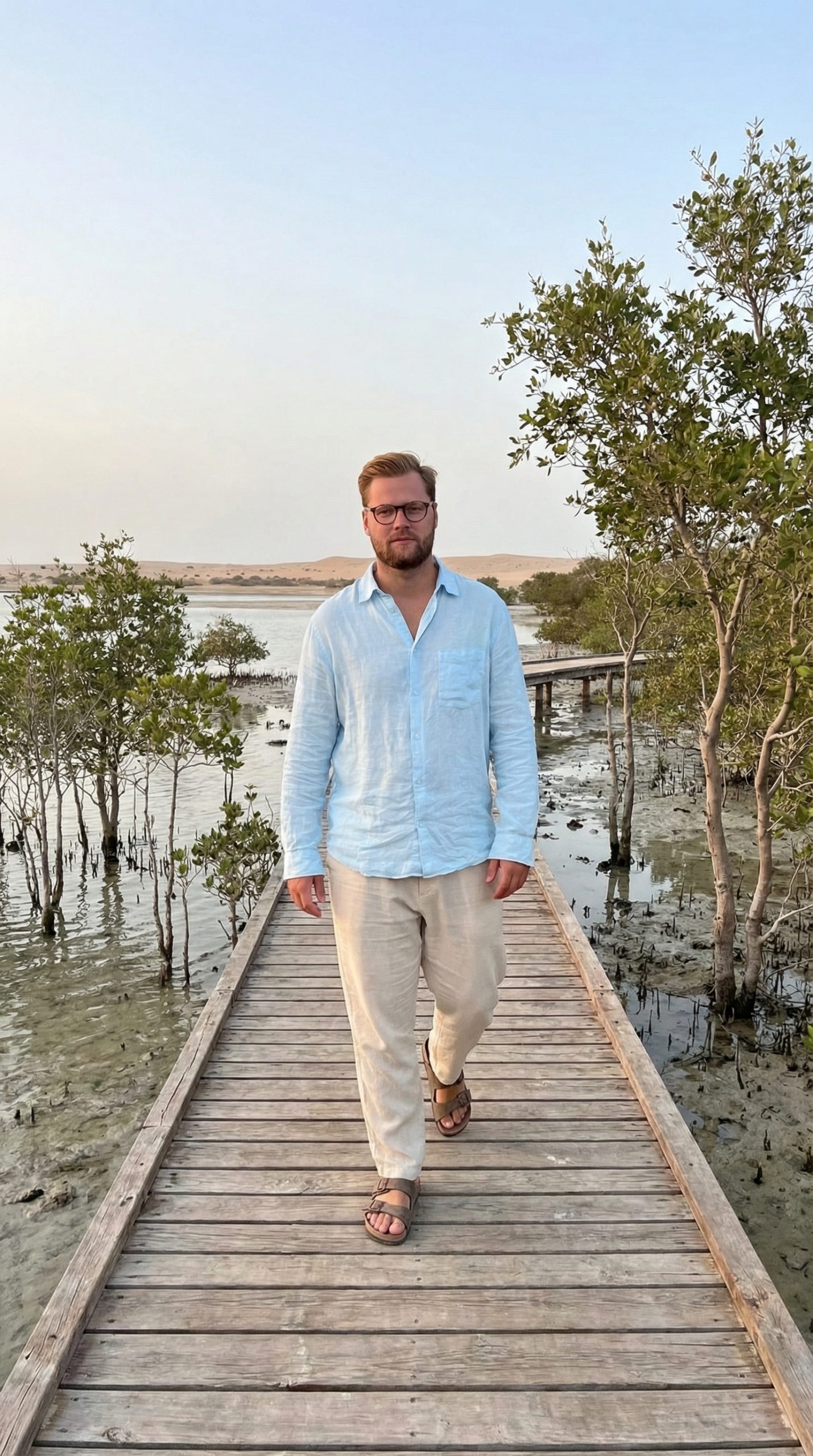 Mangroves and wooden bridge at Purple Island in Qatar