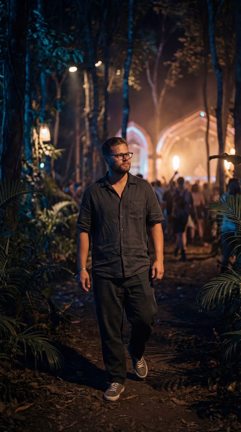 Jungle party in Tulum at night with lights and dancing crowd