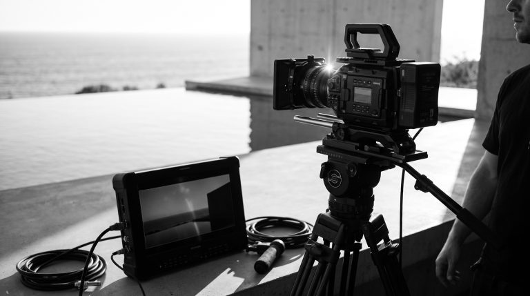 Cinema camera and director's monitor on a luxury travel brand video shoot at golden hour
