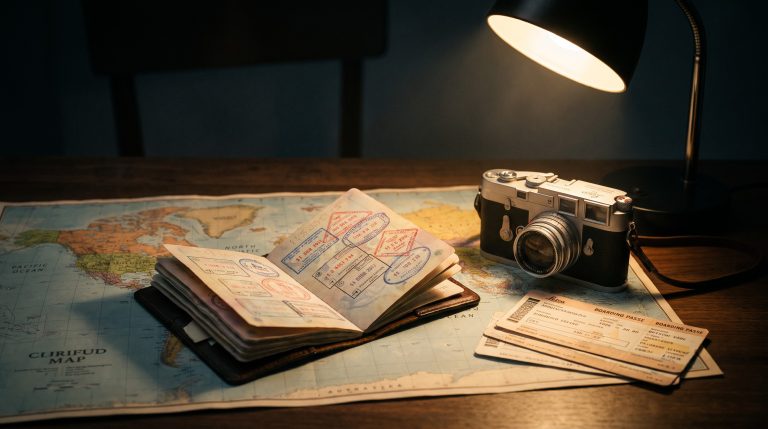 Passport full of visa stamps on a world map with camera and boarding passes
