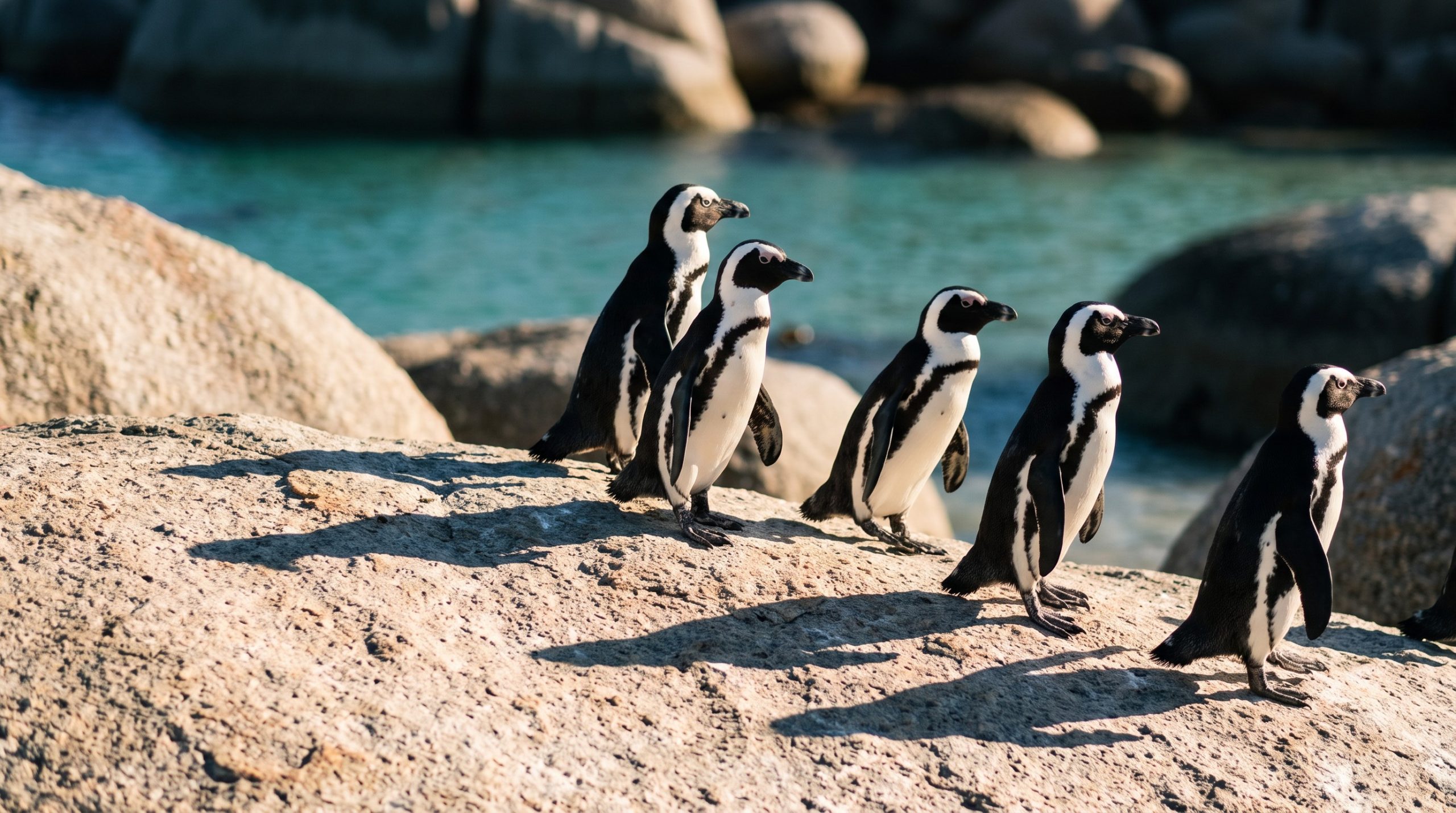 African penguins on granite boulders at Boulders Beach Cape Town