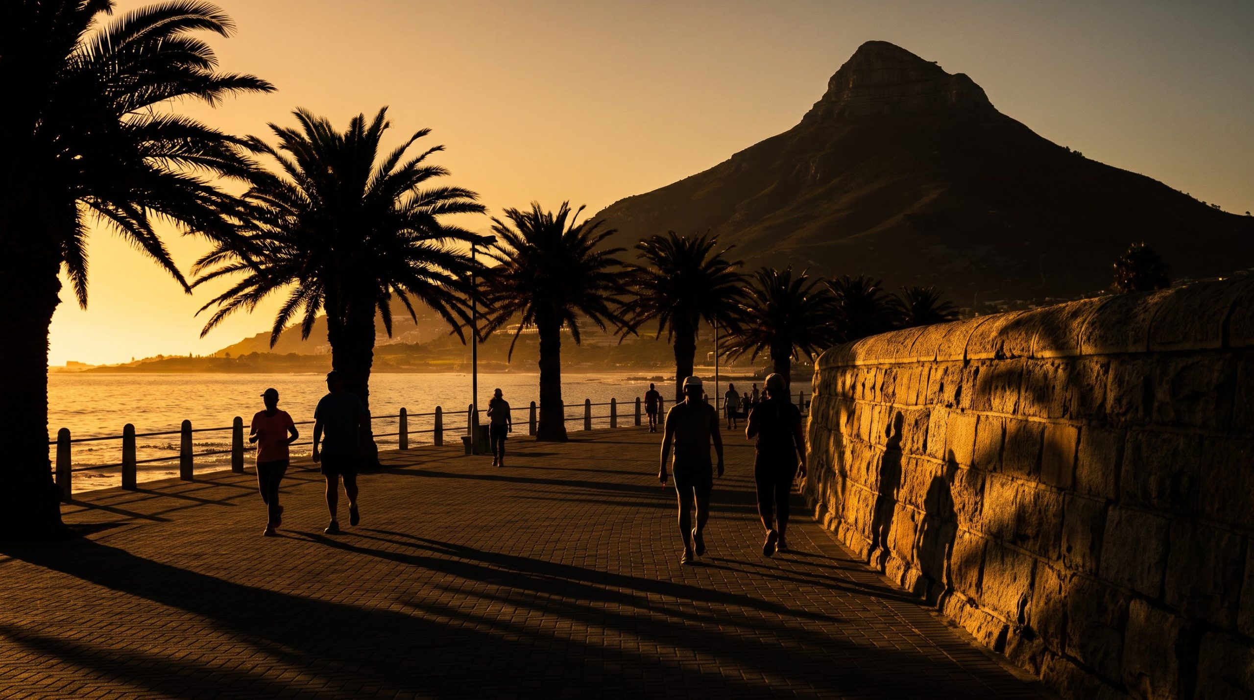 Sea Point promenade in Cape Town at sunset with Lion's Head behind