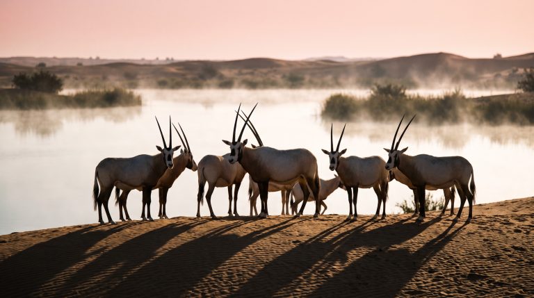 Al Qudra desert lakes near Dubai at dawn with oryx on the dunes