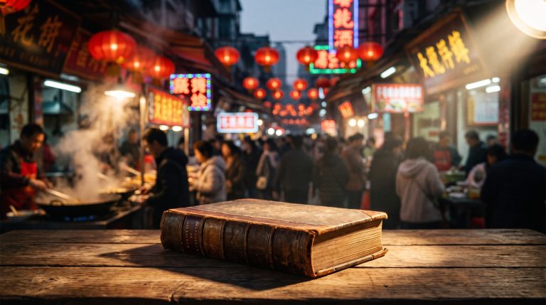 Chinese street food market at dusk with red lanterns and neon signs