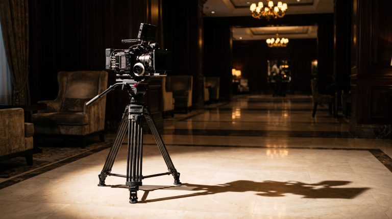 Camera on tripod set up for filming in an elegant luxury hotel lobby