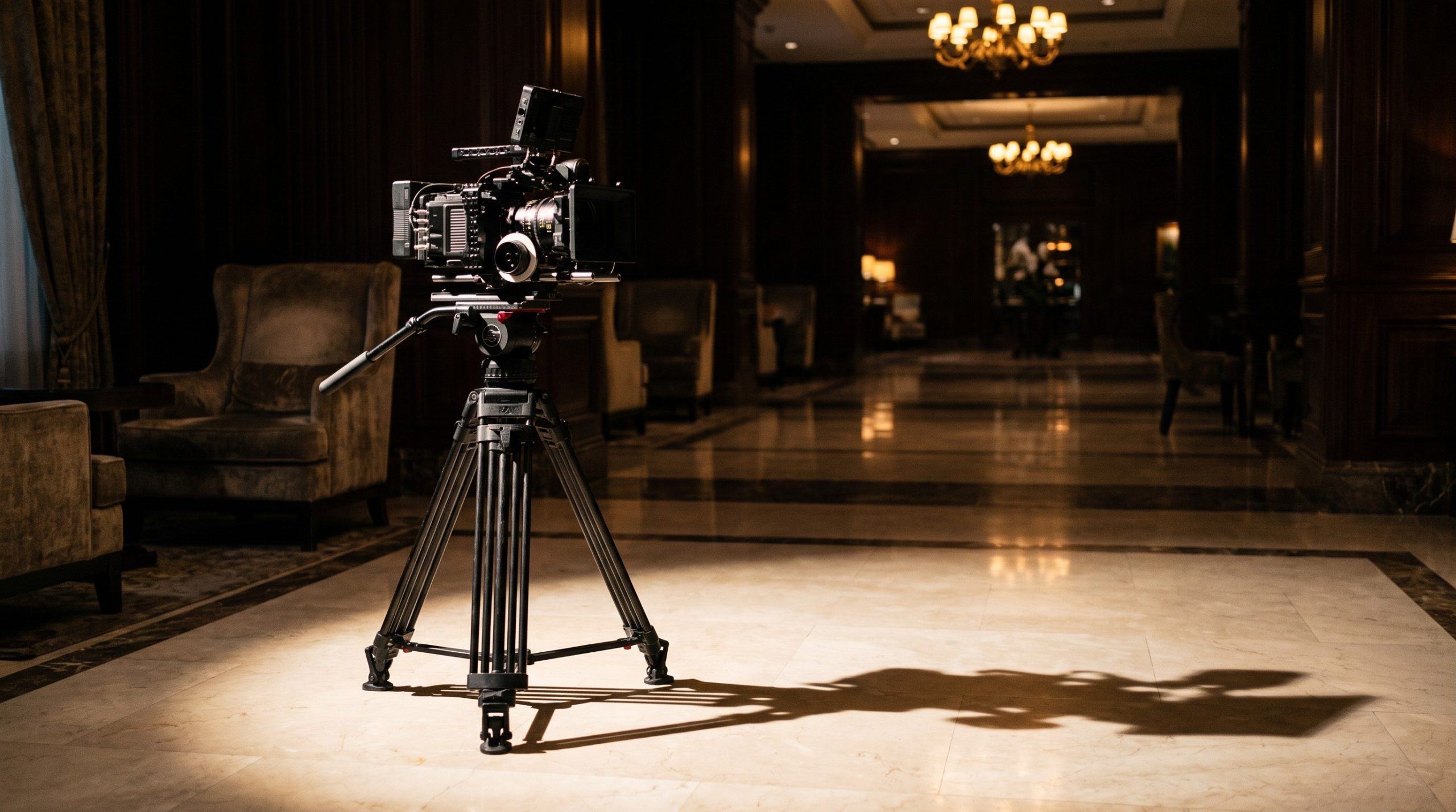 Camera on tripod set up for filming in an elegant luxury hotel lobby