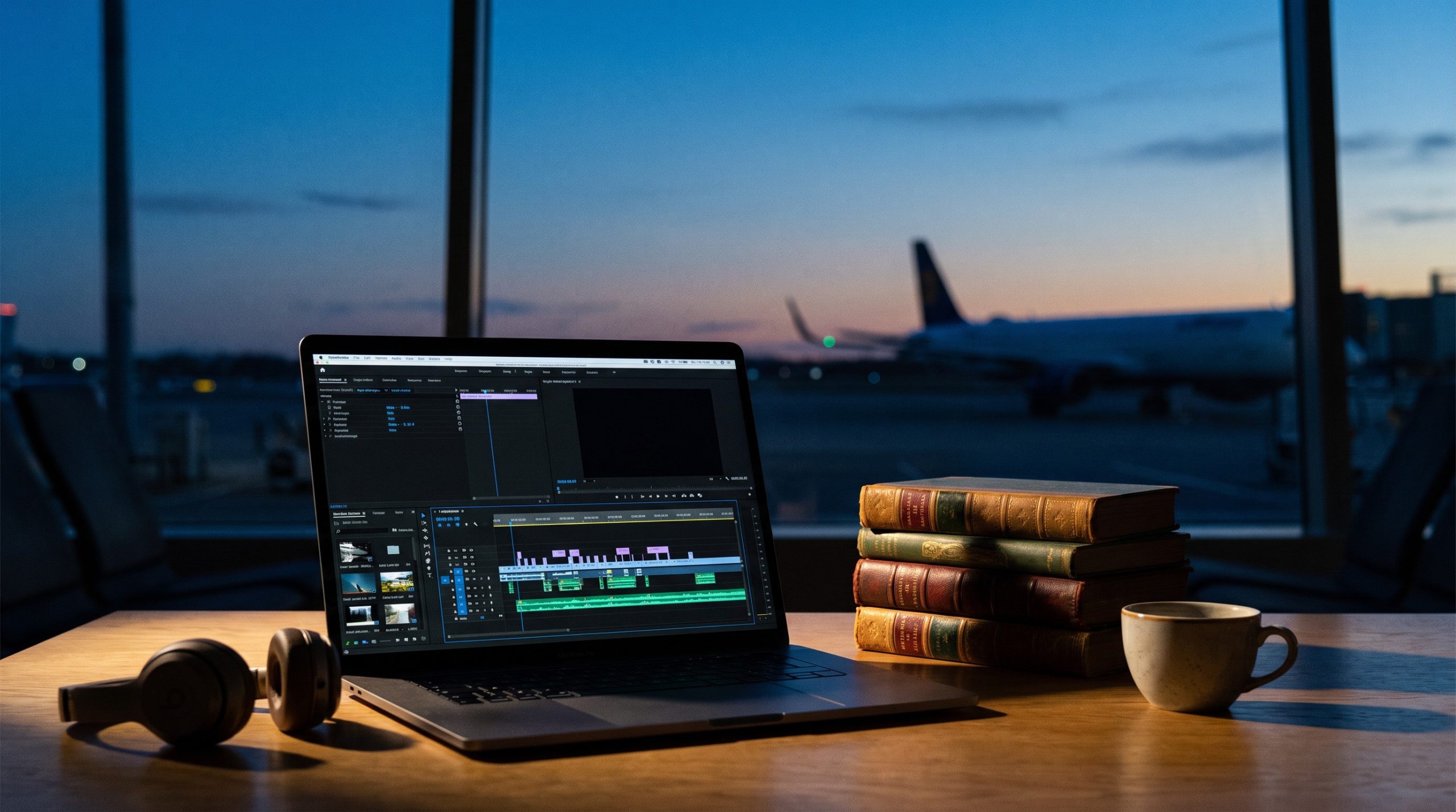 Laptop with video editing timeline at an airport lounge window at dusk
