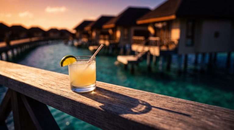 Overwater villas walkway at sunset with a welcome drink at a tropical luxury resort