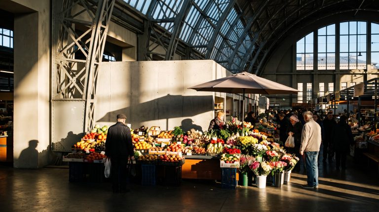 Riga Central Market Zeppelin hangar pavilions with morning market stalls
