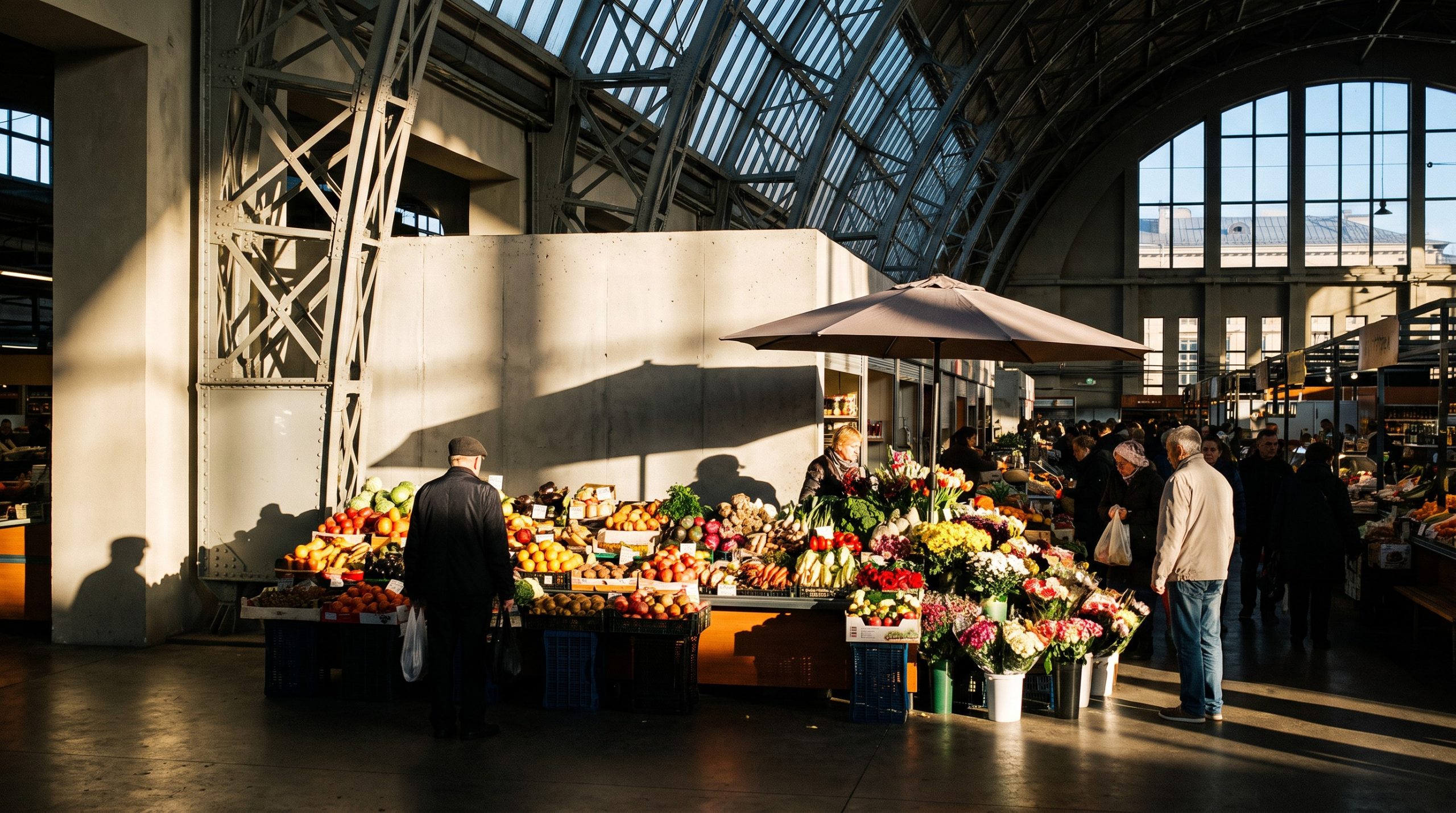 Riga Central Market Zeppelin hangar pavilions with morning market stalls