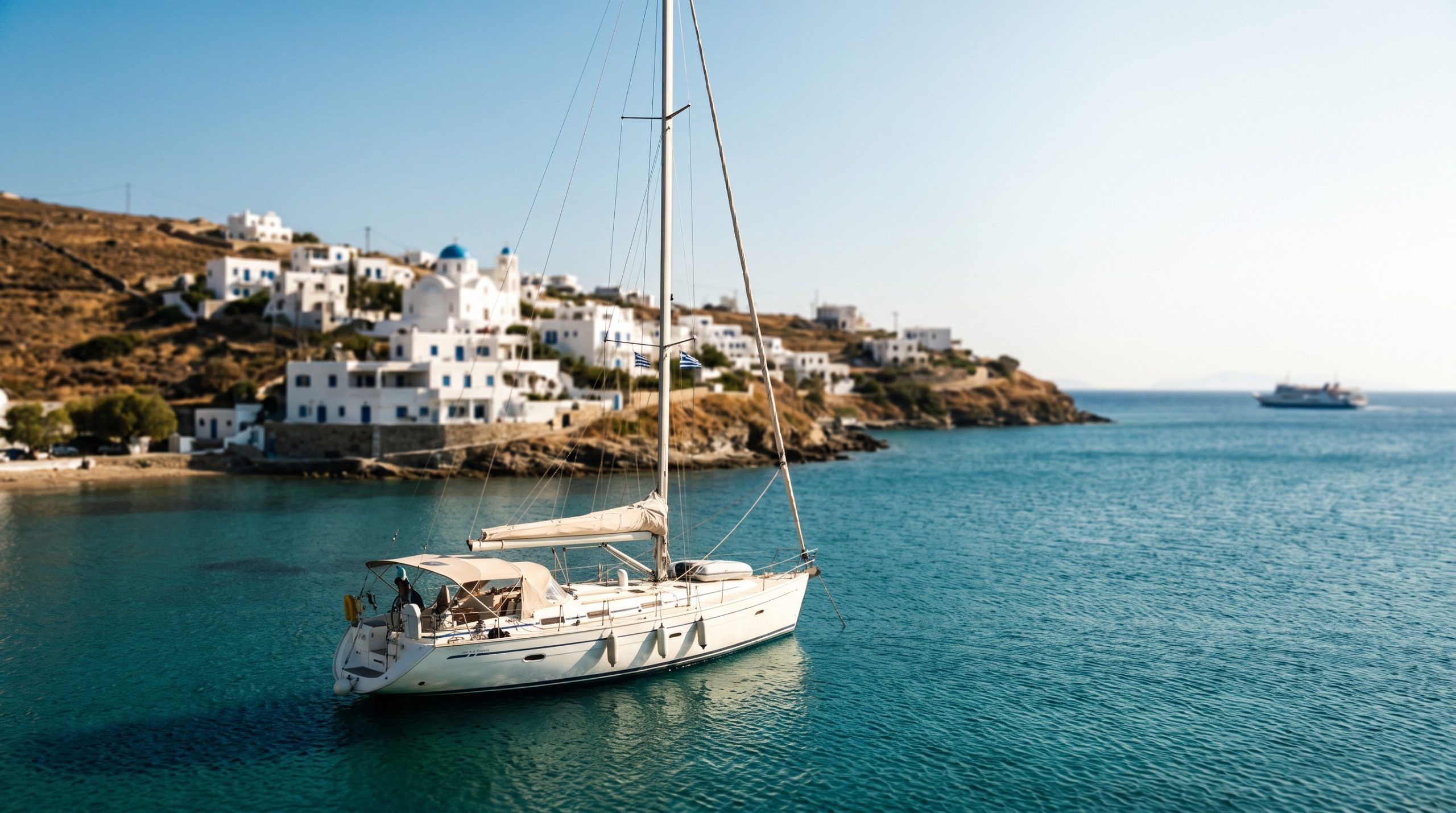 Sailboat anchored in a turquoise Aegean cove with whitewashed village behind