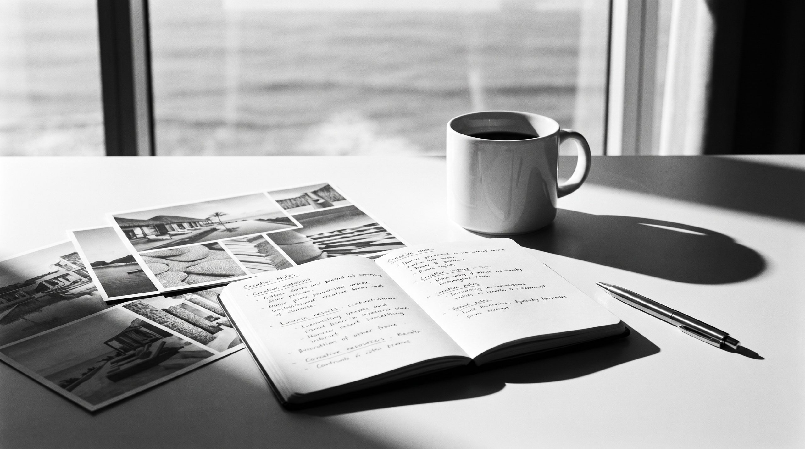 Notebook with campaign notes and resort moodboard photos on a hotel suite desk