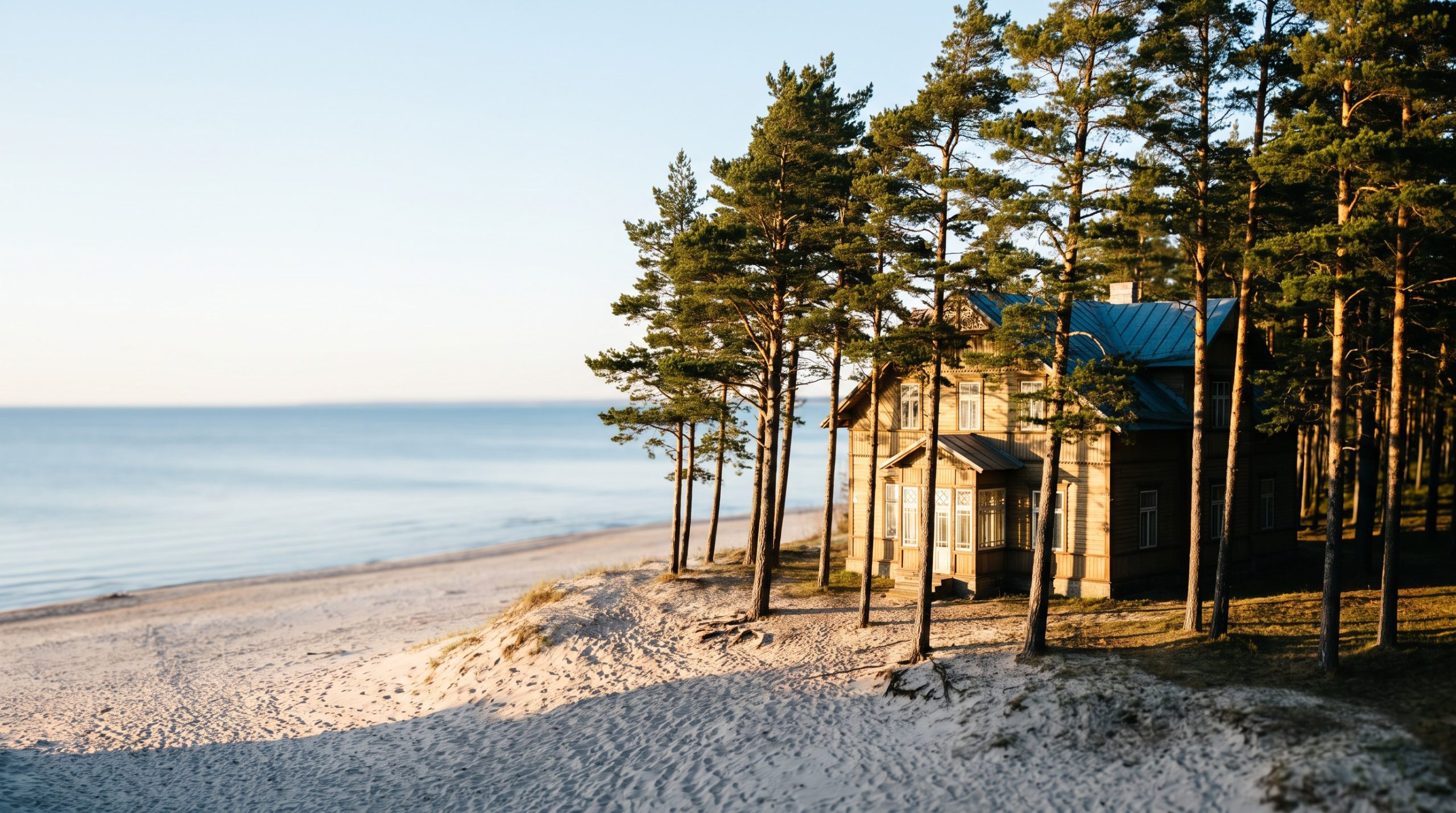 Jurmala beach in Latvia with white sand and pine trees in soft evening light